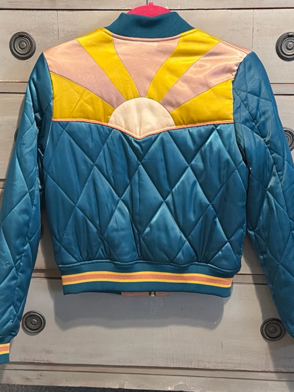 Classic Rock Couture Teal unisex Quilted Bomber Jacket with Sunrise